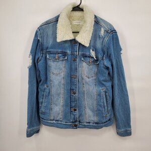 Pacsun Fleece Lined Denim Trucker Jacket Womens Size Large Sherpa Distressed